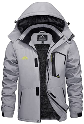 KEFITEVD Mens Ski Jacket Breathable Warm Lined Winter Jacket with Removable Hood Snowboard Jacket Waterproof Outdoor Jacket, lightgrey, s