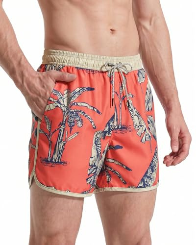 maamgic Short de Bain Homme Vintage - Maillot de Bain Homme Bermuda Séchage Rapide Doublure Confortable avec 3 Poches,Feuille de Bananier Orange,XS