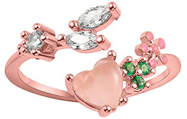 Ugaarsan Bague ouverte réglable en forme de cœur avec fleur et pierre précieuse, Pierre précieuse, Topaze rose