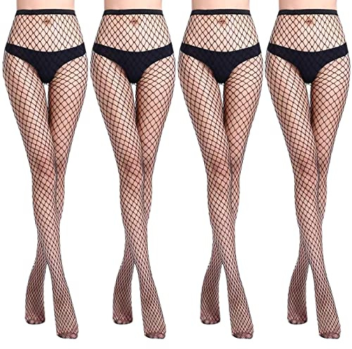 WOOKIT 4 Paar Schwarze Sexy Hohe Strümpfe Strumpfhosen Netzstrumpfhosen Netzstrümpfe Taille Fischernetz Strumpfhosen für Damen-Mittleres Netz