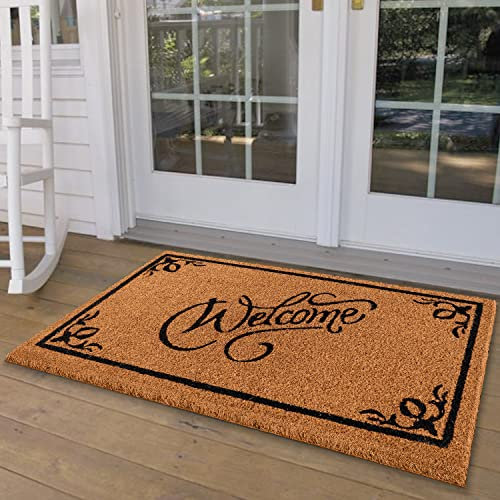 LuxUrux Welcome Mats Outdoor Coco Coir Doormat, with Heavy-Duty PVC Backing - Natural - Perfect Color/Sizing for Outdoor uses. (60 x 90, Script Welcome)