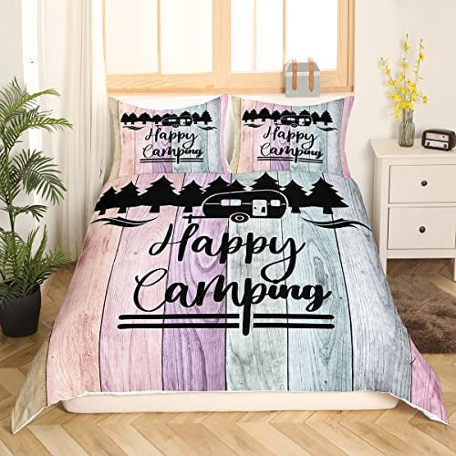 Happy Camping Bettwäsche 2-teilig 135 x 200 cm für Jungen Kinder Teenager Erwachsene Camper Bettbezug Vintage Alte Scheunentor Bettdecke Camping Bettwäsche-Set rustikale Bettset im Landhausstil