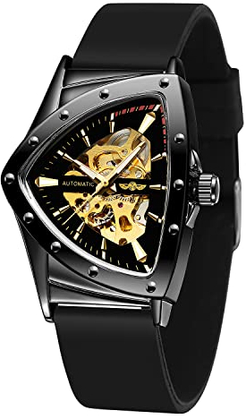 FORSINING Herren-Armbanduhr, wasserdicht, dreieckig, mechanisch, mit Silikonband, Goldfarben und Schwarz, Riemen, AH751