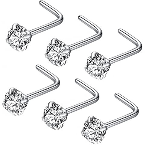JOYMORE 18g 4.0mm Clear CZ 6pcs 316L Surgical Steel Nose Ring Studs L Shaped Nose Studs for Women L-Shape 18 gauge Stainless Steel Nostrial Piercing Nose Rings