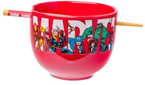 Silver Buffalo Marvel Comics Avengers Retro Featuring Iron Man, Thor, Captain America, Black Widow, Hulk, and Spider-Man Ceramic Ramen Noodle Rice Bowl with Chopsticks, Microwave Safe, 20 Ounces