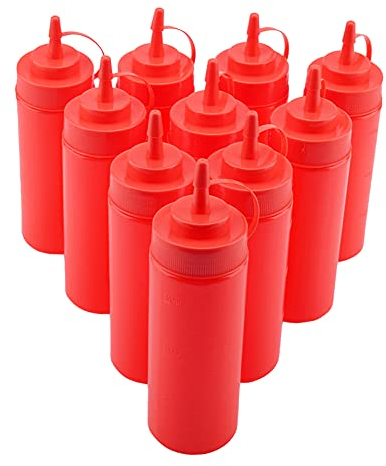 Bouteille Squeeze, 340ml 10pcs Bouteille de Sauce Bouteilles Squeezy en Plastique avec Buses pour Sauce Huile Crème Vineger (Blanc)(Rouge)