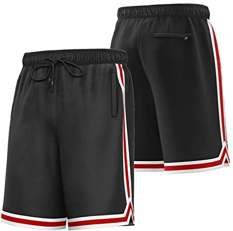 KXK Herren-Basketball-Shorts, Sport-Shorts, Fitnessstudio, Laufen, Training, Shorts mit Taschen, Schwarz/Rot, 4X-Groß