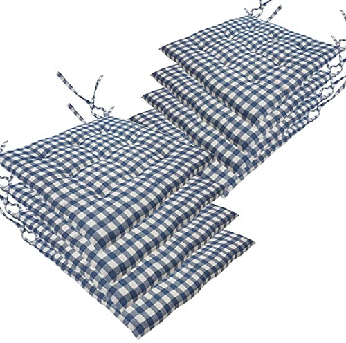 NYVI Stuhlkissen 40x40 cm ComfySeat Blau Weiß kariert 8er Set - Sitzkissen mit Bändern/Schleife, 9-fache Steppung - Indoor & Outdoor - Gartenstuhlkissen aus Baumwoll-Mischgewebe - ÖkoTex 100