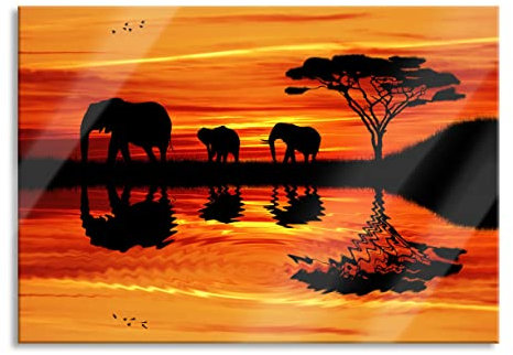 Pixxprint Glasbild, Wandbild aus Echtglas, Afrika Elefant in Sonnenschein, 60x40 cm, inkl. Aufhängung und Abstandshalter