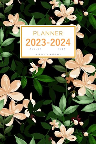 Planner August 2023-2024 July: 6x9 Weekly and Monthly Organizer | Illustrated Stylish Floral Design Black