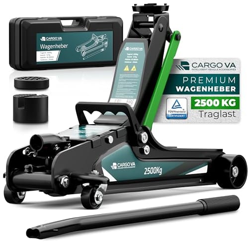 CargoVA Cric idraulico 2,5T – TÜV – Corsa 85-380mm – Basso per auto ribassate – Cric a carrello incluso pad in gomma [Valigia]