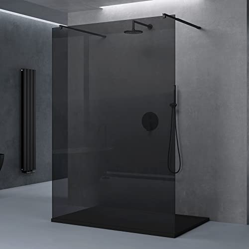 doporro Duschwand für Dusche Duschabtrennung 110x200 Walk-In schwarz mit Doppel-Stabilisator aus Echtglas 8mm ESG-Sicherheitsglas Vollgrau inkl. Nanobeschichtung