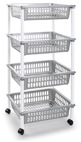 Acan Tradineur - Carrello per verdure, modello PLFT in plastica a 4 livelli e ruote, cestini impilabili portaoggetti, frutta, verdura, cucina, bagno (argento - 85 x 40 x 30 cm)