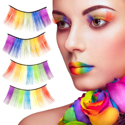 BETESSIN 2 Paare Falsche Wimpern Bunt Lange DIY Wimpernverlängerung Künstliche Wimpern Regenbogen Fasching Karneval Makeup Wimpern Geburtstag Party Cosplay Mottoparty Faschingskostüm Accessoire