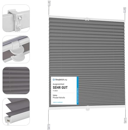 Sekey Plissee ohne Bohren Verdunkelung, Fenster Plissee Klemmfix Jalousie 75 cm breit, Verspannt Blickdicht Sonnenschutz Fensterollo, 75x130cm, Dunkelgrau