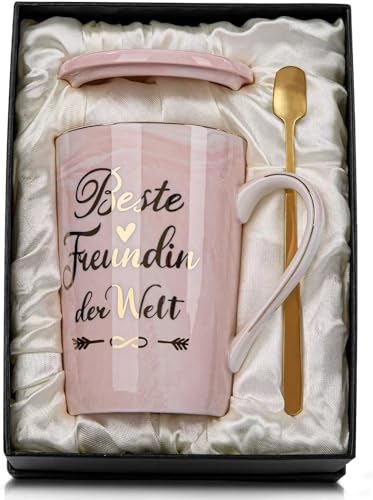 Tasse Kaffeetasse, Porzellan, 400ml Tasse mit Spruch, Beste Freundin Geschenke für Frauen mit Deckel, Löffel, Geschenkbox Rosa Geschenk zum Muttertag