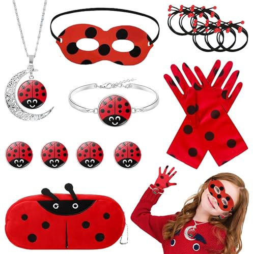 YISKY Marienkäfer Kostüm Zubehör Set, 13 Stück Marienkäfer Cosplay Kostüm Zubehör, Marienkäfer Schmuck für Kinder, Ladybug Mädchen Kostüm Zubehör, Rot Bug Kostüm Zubehör Set, Geschenk für Mädchen