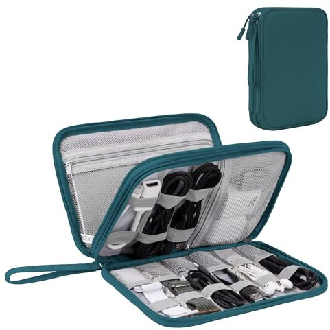 Organizador de Cables para Viaje con Doble Capa - Bolsa Técnica Impermeable para Cargadores, Teléfonos, Auriculares, Tarjetas | Travel Essentials para Viajes Accesorios, L, Verde Oscuro