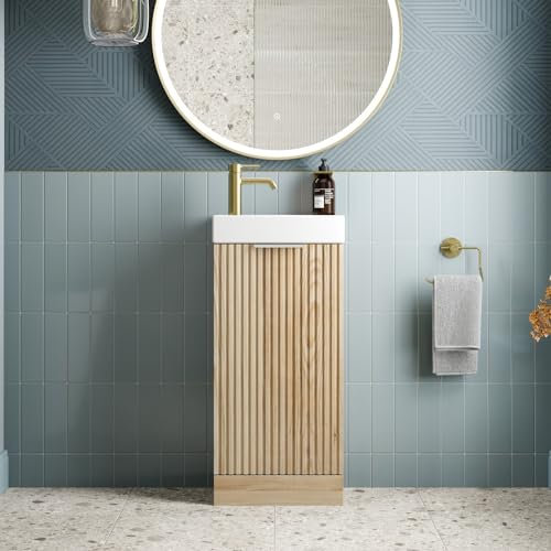 BAYSTONE® Fluted 400mm Bathroom Vanity Unit Ceramic Wash Sink, Cloakroom Storage Furniture Under Basin Cabinet Floorstanding Cupboard, Wood