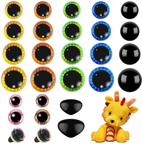 HavaCue 102 Stück 10-19MM Sicherheitsaugen für Häkeltiere, Mehrfarbig Augen für Häkeltiere Mit Sicherheitsnasen, Puppenaugen Mit Unterlegscheiben, Kunststoff Knopfaugen für Häkeltiere Puppe Marionette