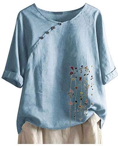 HOOUDO Sale Angebote Größe des Drucks Pulli Frauen Plus kurze Bluse Blumen-Ärmellauf lose Frauen-Bluse Cut Out Oberteil Damen Weisse Bluse Hemden Damen Oberteile Sommer Kur Sale Angebote Bestellung