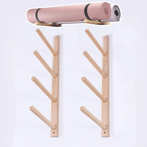 EXCLURA Yogamattenhalter 4-lagiges Yogamatten-Lagerregal, Gerätedisplay, Wandhalterung 8 Yogamattenhalter Holzregal, Yoga-Aufbewahrungsorganisator für Die Inneneinrichtung