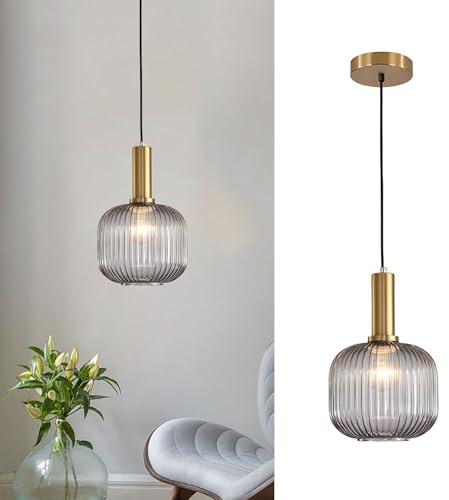 Tropibed Industrielle Vintage Pendelleuchte, e27 Glas Hängelampe, Lampenschirm aus Gestreiftem Glas Retro Deckenleuchte Hängelampe für Esszimmer Schlafzimmer Küchen Kronleuchter (Grau, 20cm)