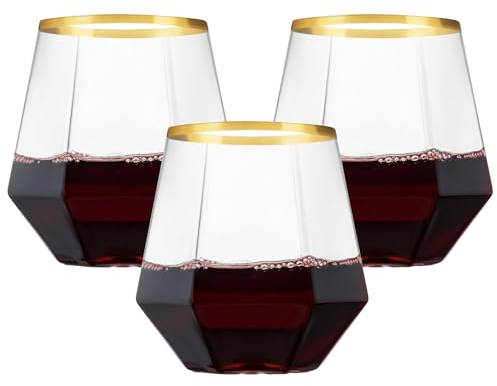 Acidea 12 Pack Diamond Unbreakable Stemless Plastic Wine Champagne Glasses, 12 Ounce Durable Disposable Cups Gold Rim, Shatterproof Recyclable and BPA-Free Clear Drinking Glasses for Parties, Bars