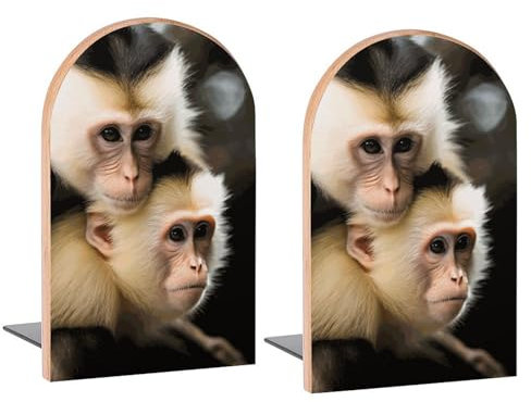 3D-Buchstützen mit zwei Affen, dekorative Holz-Buchstützen für Regale, Schreibtisch, Heimbüro, Buchstopper für Zeitschriften, Bücher, DVDs, 2 Stück