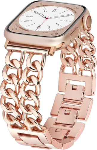 Aniaboho Kompatibel mit Apple Watch Armband 45mm 44mm 49mm 42mm, Doppelketten Herren Damen Metall Armband iWatch für Apple Watch Ultra 2 1 SE 11 10 9 8 7 6 5 4 3 2 1,Schmuck für Fraue,RoséGold