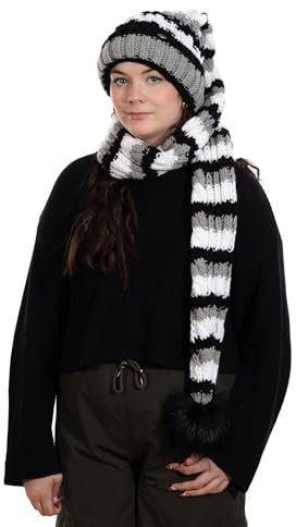 Birendy XXL Beanie AA Mütze, Zipfelmütze inklusive Schal, Pudelmütze, Wintermütze mit großer Fellbommel aus Fellimitat. Extra Lang mit weichem Fleece abgefüttert (Schwarz Weiß Streifen 113)