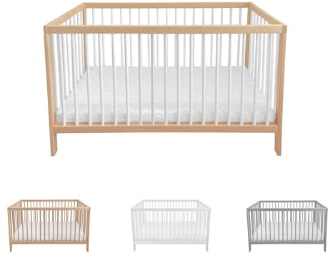 Lantigo Babybett 120x60 cm Naturbelassen & Weiß Gitterbett Buchenholz Massivholz Kinderbett mit Lattenrost höhenverstellbar 9 Stufen für Neugeborene und Kleinkinder inklusive Matratze