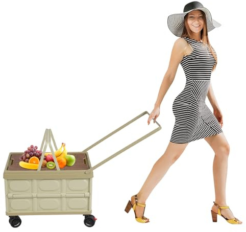 Charocean Einkaufstrolley Klappbar Einkaufswagen mit 360° Drehbaren Rädern & Bremse, Faltbarer Einkaufstrolley Faltbar bis 35 Kg, 55 Liter Kiste, Einkaufstrolli Klappbox mit Rollen (Grün)