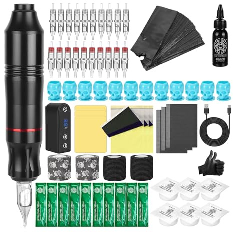 Komplettes Rotary Tattoo Stift Maschine Kit, ATOMUS Tattoo Kit Professional mit DC Netzteil 3RL 5RM Patronennadeln 30ml Tinte Tattoo Schädel Bandagen Tinten Tassen für Tattoo Anfänger Künstler