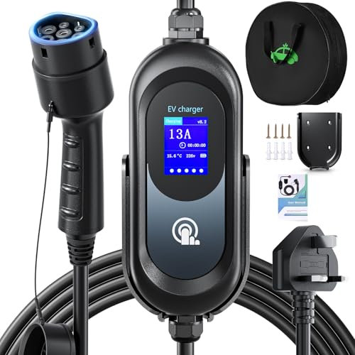 Evjuicion EV Charger Cable Type 2 to 3 Pin Plug, 15M 3.3kW Electric Car Charger, 6/8/10/13A Adjustable Type 2 Charging Cable, 12 Hours Delay Timer, with Bag & 2.4 Display for Type 2 EV & PHEV