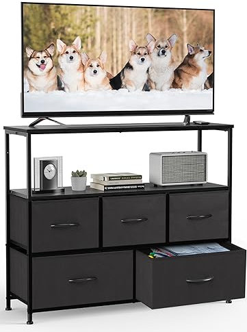 Sweetcrispy Kommode,TV Schrank Stand für Schlafzimmer mit 5 Stoffschubladen,Sideboard Wohnzimmer für 115cm TV,Einstellbare Füße Schubladenschrank,Komodenschrank für Schlafzimmer,Klassisch Schwarz
