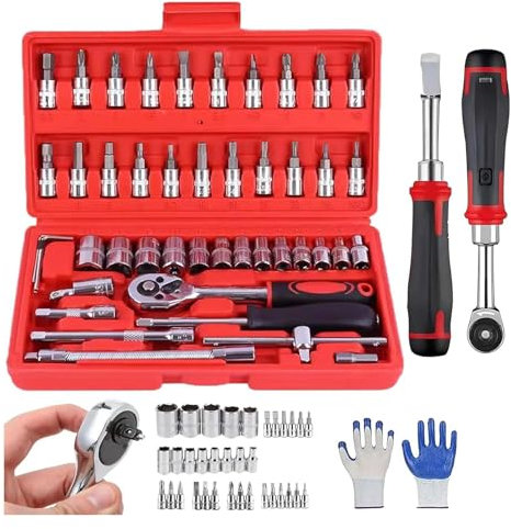 Cordless Slim Ratchet Set,Cordless Electric Slim Ratchet Set,New Slim Electric Ratchet, Power Ratchet Wrench Kit,Comes with 46 Piece 1/4-Inch Adjustment Tools, Auto Repair Toolbox for Home (Red)
