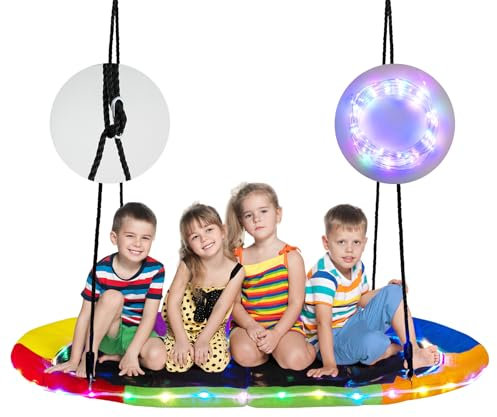 HOMFME Balancoire Nid d’Oiseau de 150 CM avec Lumineuse LED Coloré en 8 Mode, Balançoire d’Arbre à Plateforme, Capacité 150 KG, Cordes Réglables, Idéal pour Jardin, Enfant 3+ Ans, Arc-en-Ciel