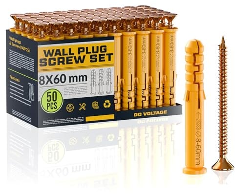 DC VOLTAGE 50 Pcs Wall Plugs and Screws Set 8mm x 60mm Concrete Fixings Screws and Wall Expansion Anchors Plugs Kit Wall Hanging Mounting TV Mount Drywall Self Tapping Screw Wall Plug