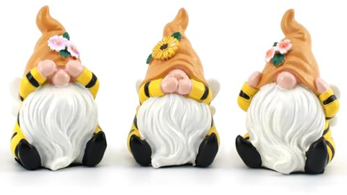 Irayin 3 Bumble Bee Gnome Figurines Decor, Bee Statue Figurine, See No Hear No Speak No Evil Ornaments, Crafted Animal Sculpture, Cute Bee Gnome Decoration for Living Room, Office, Bookshelf, Bedroom