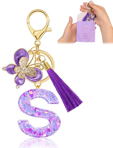 Porte-clés pour Fille Lettre, Porte-clés pour Femme avec Lettre Initiale, Alphabet Pendentif Initiale en Résine, Keyring avec Pendentif Papillon et Pampille, Cadeau pour Femme Violet-S