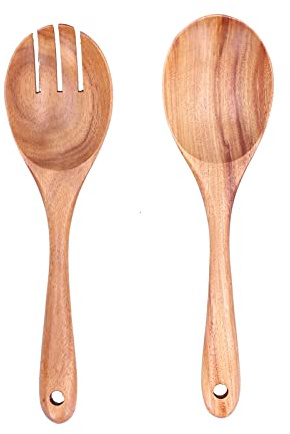 CYSFETENA 2 Stück Salatbesteck Holz, Ergonomisches Olivenholz Salatbesteck Set, Handgemacht Salatlöffel & Gabel Salat, Holz Salatbesteck für Küche Haus Restaurant