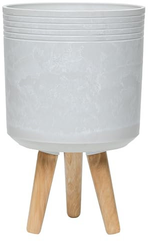 simpa Urban 12L Contemporary Cream Round Plastic Planter with Wooden Legs 40cm (H) x 25cm (Dia)