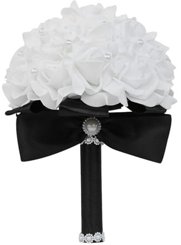 Enbebamd Bouquet per matrimoni per bouquet da sposa bianco portatile da sposa/damigella con maniglia nera e perla bianca 9x7 Lifelike PE Fiori artificiali per di nozze