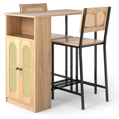 COSTWAY 3 Piece Bar Table Set, Dining Table and 2 Bar Stools Set with Storage Shelves, Backrests & Footrest, Breakfast Counter Height Kitchen Table Furniture for Home Dining Room