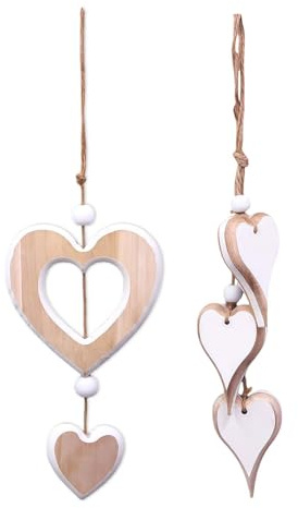 KLINNA 2 Stück Holz Dekoherz zum Aufhängen | Herz Anhänger als Hängedeko für Fenster & Wand | Rustikaler Dekohänger für Hochzeit & als liebevolles Geschenk (WD0038+WD0034)