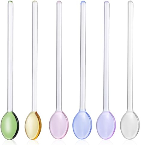 UKCOCO 6 Cucharas de Vidrio Largo para Café, Té y Postres – Fáciles de Limpiar y Resistentes al Calor para Cocina, Bar y Fiesta – para Hogar, Uso Diario y Regalo