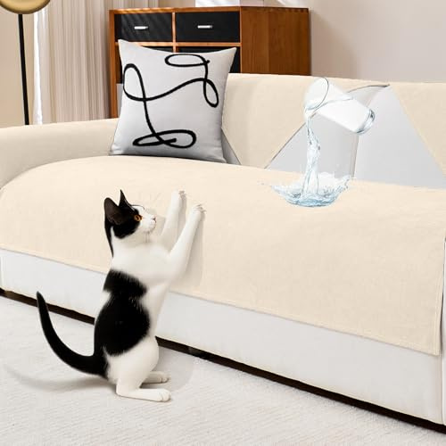 DeepDream Wasserdicht Sofa Überzug Chenille Sofabezug, Kratzfest Hund Katze Sofaschoner, Rutschfester Sofa Cover Couch Überzug 2 3 4 Sitzer für U Form L Form Sektionssofa (Beige, 90 * 120cm)