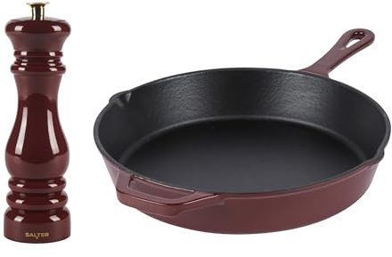 Salter Chester Mill & Frying Pan Set - Salt/Pepper Spice Grinder, 26cm Universal Skillet, Ceramic Grind, Adjustable from Fine to Coarse, Hob to Oven to Table, Induction Suitable, PFAS Free, Red