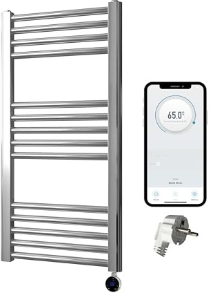 Greened House Electric WiFi Heated Towel Rail Chrome 500 mm W x 800 mm H Smart Flat 7 Day Programmable Timer App Compatibility (EU)